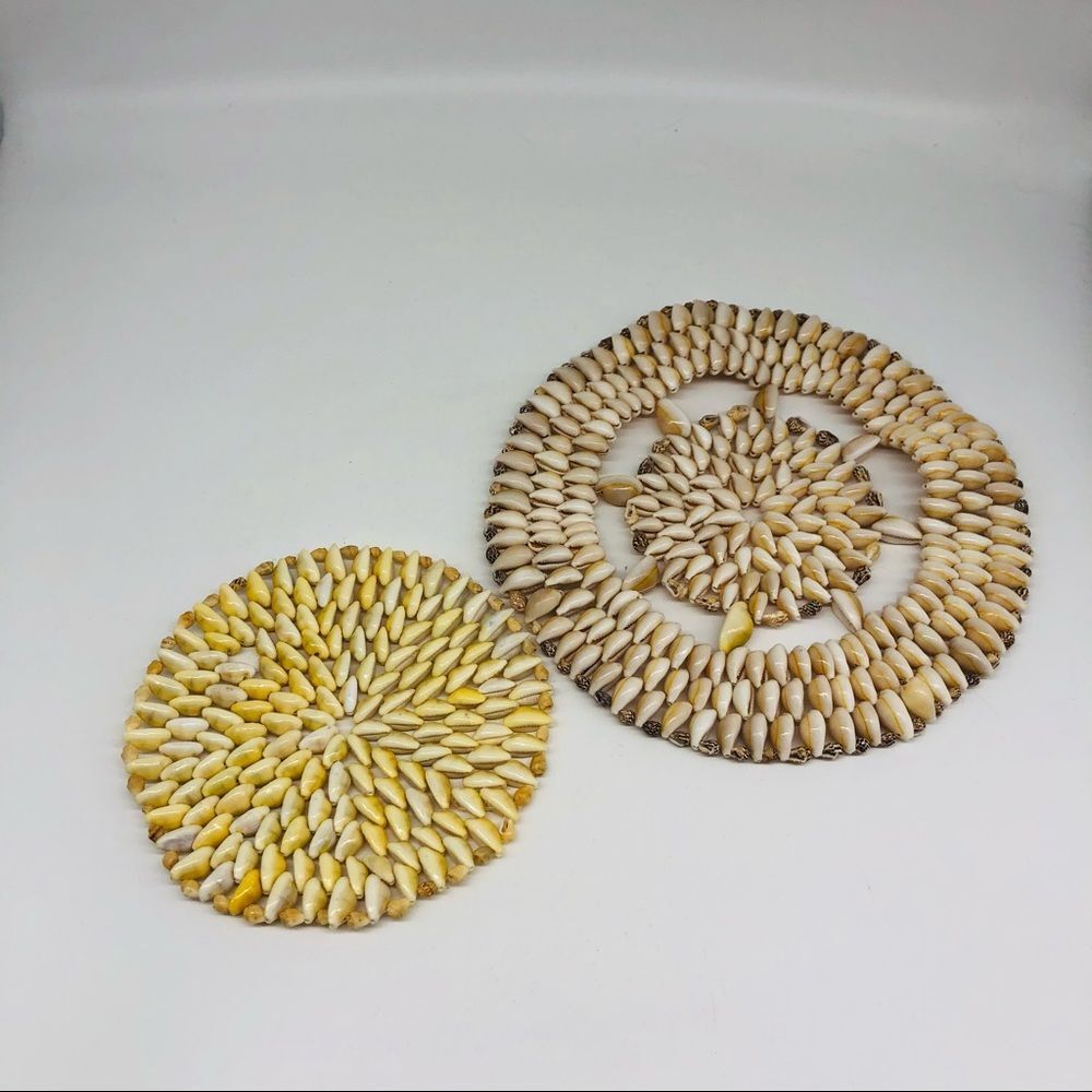Pair of vintage shell round trivets, 6” and 8.5”, handmade